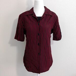 Vintage 80s Gloria Lance Red and Black Striped Button-Up Blouse | Size M